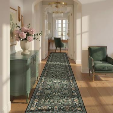 Imagem de Tapetes de corrida 2 x 10 Boho pequenos laváveis para entrada, banheiro, cozinha, tapetes longos para corredor, macio, pilha baixa, antiderrapante, suporte de borracha oriental, verde escuro