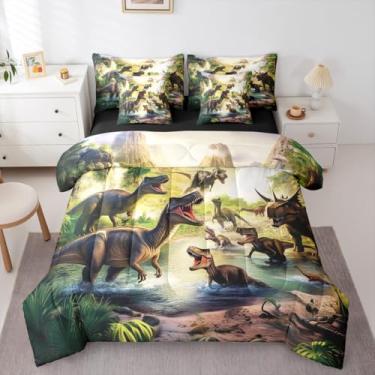 Imagem de Erosebridal Jogo de cama casal de dinossauro, animais selvagens, animais selvagens, para meninos e meninas | Jogo de cama com lençol de cima e botânico com elástico e árvores