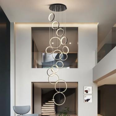 Imagem de Luminária pendente moderna de LED em formato de anel para escada, com controle remoto, em alumínio, com altura ajustável, ideal para sala de estar, quarto, sala de jantar e cozinha (preta, 1