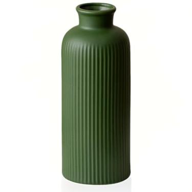 Imagem de Vaso de cerâmica verde com nervuras para flores, vaso decorativo texturizado moderno, 25 cm de altura, 10 polegadas de largura, decoração de casa estilo fazenda (verde fosco esmaltado)