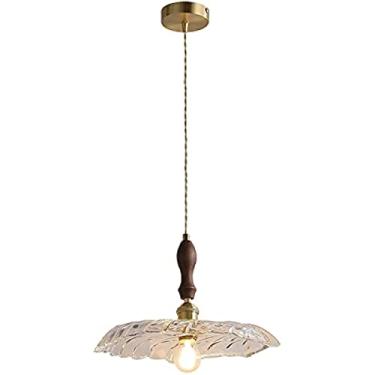 Imagem de Luminária pendente de vidro em formato de folha - Lustre com detalhes em madeira de nogueira e acabamento em latão, luminária de teto suspensa para quarto, corredor, cozinha ou ilha.