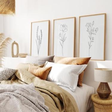 Imagem de Pôster de linha botânica de 3 peças impressões florais arte de parede arte minimalista flores preto branco linha pintura em tela arte emoldurada para sala de estar decoração de apartamento com moldura