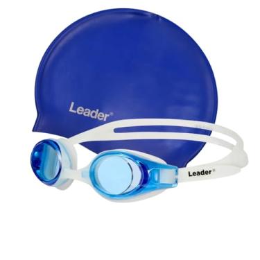 Imagem de Leader Kit Natação Shark com Óculos Branco/Azul e Touca de Silicone Azul, Lentes Antiembaçantes, Proteção UV