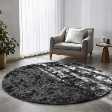 Imagem de Amdrebio Tapete redondo cinza escuro tingido de 1,2 m para dormitório, tapetes macios peludos circulares para sala de estar, escritório, tapete felpudo felpudo para crianças, adolescentes, meninos