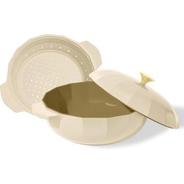 Imagem de Cravings by Chrissy Teigen Forno holandês com tampa 5,3 litros, acabamento fosco esmaltado, puxador de aço inoxidável, cesto de vaporizador incluído, seguro para forno de até 232 °C