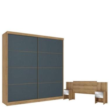 Imagem de Guarda Roupa Casal Malaga 2 Portas Capuccino Azul E Cabeceira Com Mesa