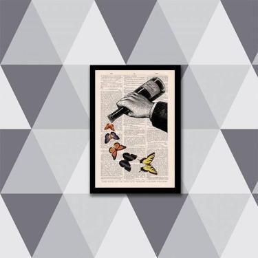 Imagem de Quadro Garrafa De Vinho Com Borboletas 33X24Cm Moldura Preta