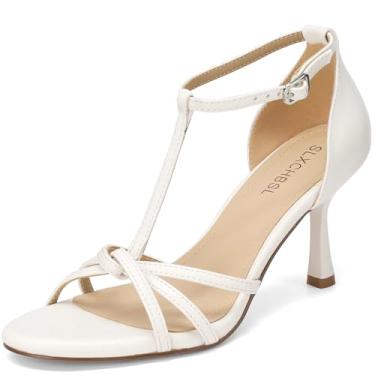 Imagem de SLXCHBSL Sandálias femininas de salto gatinho, tira em T, bico aberto, com tiras de 7,6 cm, salto alto para casamento, encontros, festa e escritório, sapatos confortáveis de verão, Branco, 41
