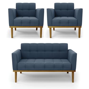 Imagem de Namoradeira com 2 Poltronas Base de Madeira Castanho Elisa Suede Azul Marinho D03 - D'Rossi