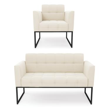 Imagem de Kit 1 Sofá Namoradeira e 1 Poltrona Elisa Veludo Bege Base Metálica Industrial Preto D03 - D'Rossi
