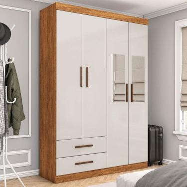 Imagem de Guarda-Roupa Solteiro Solo 4 Portas 2 Gavetas com Espelho Cinamomo/Off White - Pnr Móveis