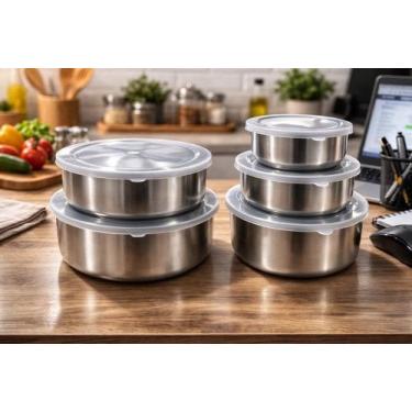 Imagem de Potes Inox Com Tampa Vedação 5 Unidades Guarda Alimento Bowl - IDEAL
