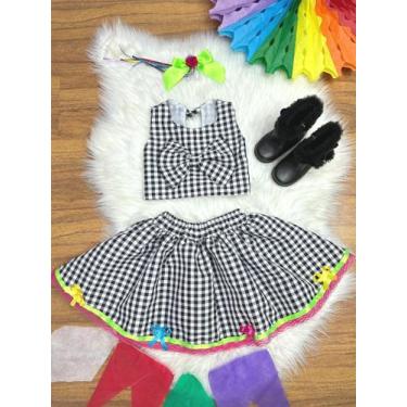 Imagem de Conjunto Xadrez Junino Infantil Preto e Branco Cropped Saia Festa Juni