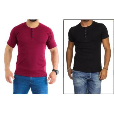 Imagem de Kit 2 Camiseta Henley Canelado Masculina 4 Botões Slim M Curta - J Sil