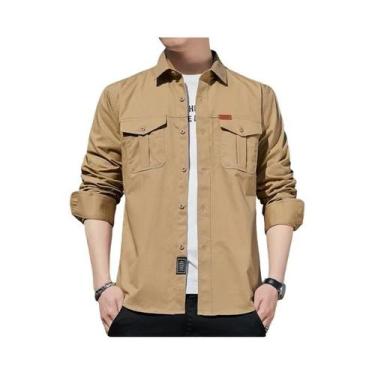 Imagem de Camisa Cargo Masculina 100% Algodão De Manga Longa Com 2 Bolsos, Casua