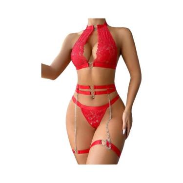Imagem de Conjunto De Lingerie Sexy Em Renda Para Mulheres Com Cinto De Corrente