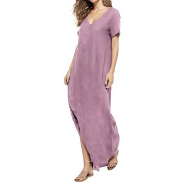 Imagem de Vestido que combina com decote em V, casual, solto, manga curta, maxi 