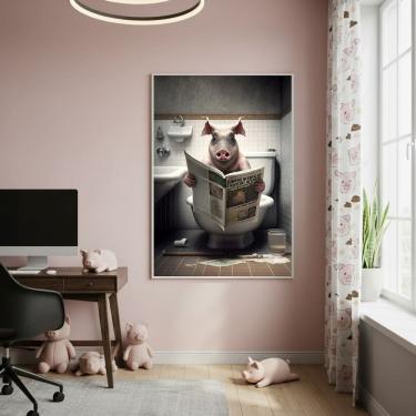 Imagem de Quadro Decorativo Porco Lendo Jornal 70x50cm Mold Branca