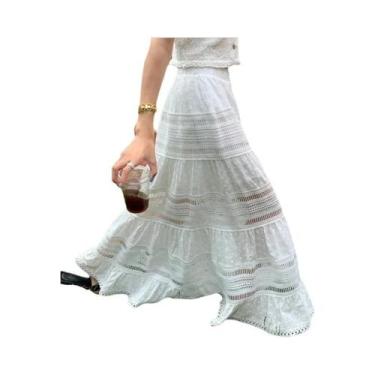 Imagem de Saia Maxi Branca De Algodão Com Bordado E Recortes Para Mulheres, Esti