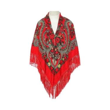 Imagem de Lenço Feminino Retrô De Algodão Estampado Com Franjas 51x51in, Xale, H