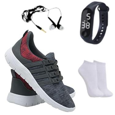 Imagem de Tenis Caminhada Corrida Leve Macio Confortável Academia Fitness Relogio + Meia + Fone - Vermelho - 42