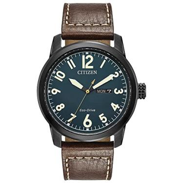 Imagem de Citizen Relógio masculino Eco-Drive Weekender Garrison Field em aço inoxidável IP preto com pulseira de couro marrom, mostrador marinho (modelo: BM8478-01L), Black, Movimento de quartzo
