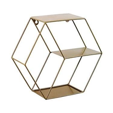 Imagem de 1 pç prateleiras forjadas hexagonais decoração organizador de sala de estar, dourado, 28,5 x 25,5 x 9,5 cm