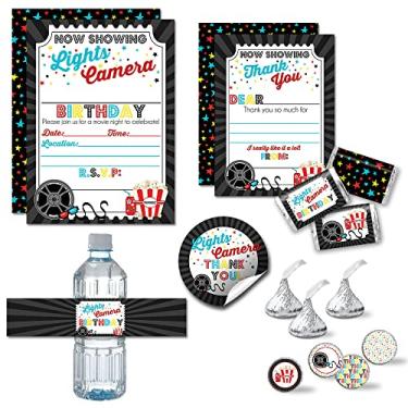 Imagem de O pacote Deluxe Bold Movie Night Birthday Party inclui 20 convites e cartões de agradecimento com envelopes + 2 tamanhos diferentes de adesivos, mini embalagens de barra de doces e etiquetas de garrafa de água!
