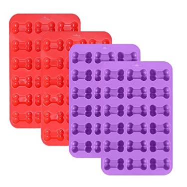 Imagem de PIVHWIR Moldes de silicone ósseo, moldes de silicone antiaderentes de grau alimentício para chocolate, doces, petiscos para cães, geleia, cubo de gelo (4 peças, vermelho + roxo)