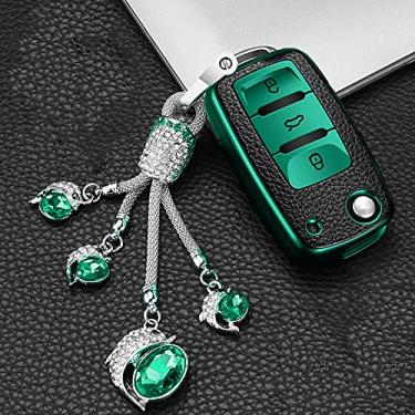 Imagem de YJADHU TPU couro masculino feminino chaveiro capa de chave de carro, apto para Volkswagen VW Jetta Golf Passat Beetle Skoda Seat Polo B5, A, verde, porta-chaves