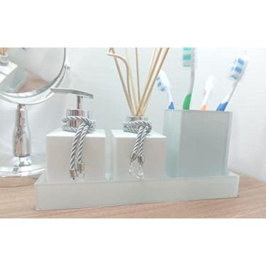 Imagem de Kit Lavabo Banheiro Porta Escova Pincel Maquiagem Bandeja Decorativa Organizadora-Dispenser-Jogo Para Banheiro-Branco e Prata