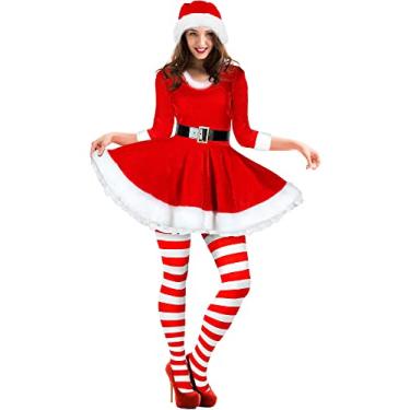 Imagem de Geyoga Conjunto de fantasia feminina de Papai Noel, vestido de veludo com cinto, conjunto de meia-calça listrada de Natal com chapéu de Papai Noel, vestido cosplay, Vermelho, X-Large