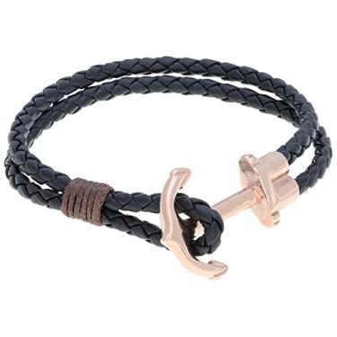 Imagem de Metro Jewelry Pulseira de âncora masculina de aço inoxidável e couro genuíno preto com revestimento em ouro rosa - 21 cm de comprimento 8 mm de largura com fecho de botão, Couro metálico