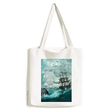 Imagem de Bolsa de lona com imagem da natureza e ondas de água oceânicas bolsa de compras casual