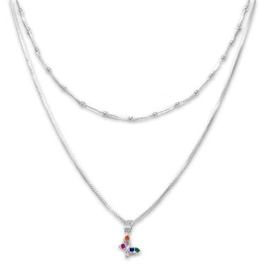 Imagem de Colar Duplo Borboleta Zirconia Colorida Cravejada Banhado Prata