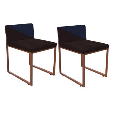 Imagem de Kit 02 Cadeira Lee Duo Sala De Jantar Ferro Bronze Suede Marrom E Azul Marinho - Amey Decor