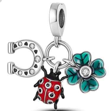 Imagem de Berloque Pingente Sorte Joaninha Trevo Ferradura Prata 925