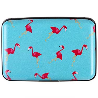 Imagem de Kaabao Porta-cartão de crédito pequena carteira com bloqueio de RFID Business Metal Slim Mini capa rígida de alumínio para mulheres e homens presente, Fundo azul flamingo, small, Minimalista,