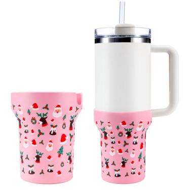 Imagem de Thxbag Capa protetora de silicone de Natal para Stanley Cup 850 g / 567 g, capa de silicone para botas com acessórios Stanley H2.0 e Quencher Adventure Tumbler (rosa impresso, 850 g e 590 g)..