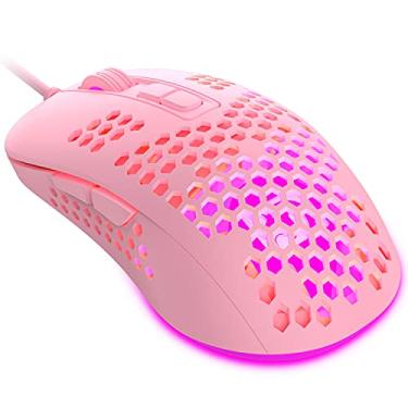 Imagem de Mouse leve para jogos com fio, mouse óptico USB para computador com retroiluminação RGB, 4 DPI ajustáveis até 2400, mouse ergonômico para laptop com capa colmeia para Windows 7/8/10/XP Vista Linux – Rosa