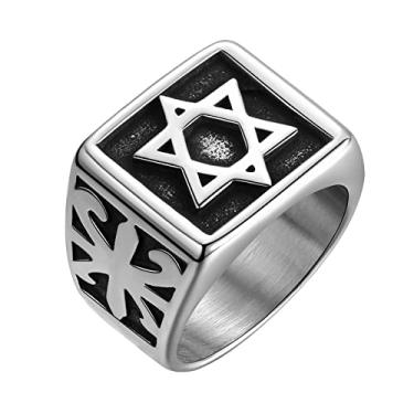 Imagem de Anel de estrela de Davi para homens - Anel de aço inoxidável com selo talismã Salomão Magen Judaico Hanukkah anel hexagrama de seis pontas Jerusalém preto proteção amuleto anéis SR0018, 9, Aço