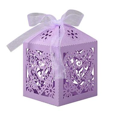 Imagem de Lucky Monet 25/50/100 peças Coração amor Coração Corte a laser Caixa de Doces Caixa de Chocolate para Casamento Favor Aniversário Festa de Noiva Chuveiro com Fita, Lavender, 50pcs, 1