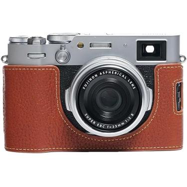 Imagem de Capa para câmera X100VI, capa BMAOLLONGB feita à mão de couro genuíno para meia câmera para Fujifilm Fuji X100VI versão de abertura inferior da câmera + alça de mão (marrom)