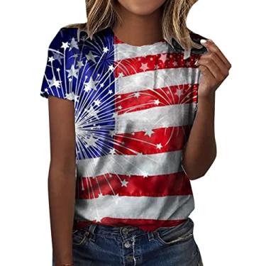 Imagem de Camiseta feminina com estampa patriótica de 4 de julho, bandeira americana, listrada, manga curta, túnica de verão, Azul, GG