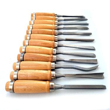 Imagem de Kit de Formão Goiva Reto Chanfrado com 12 Peças para Esculpir Madeira, Gesso, Resina, para Artesãos e Marceneiros