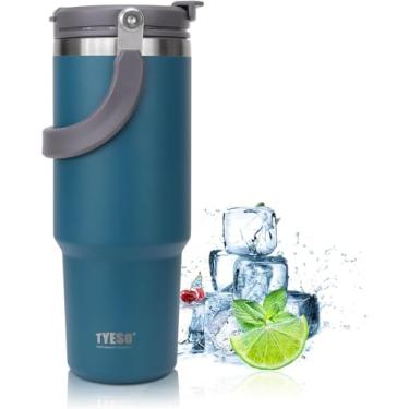 Imagem de TYESO Copo de 850 g com alça e tampa de palha, garrafa de água a vácuo de parede dupla de aço inoxidável isolada para escritório, casa, esporte ou carro, caneca de viagem para quente e frio | Coleção