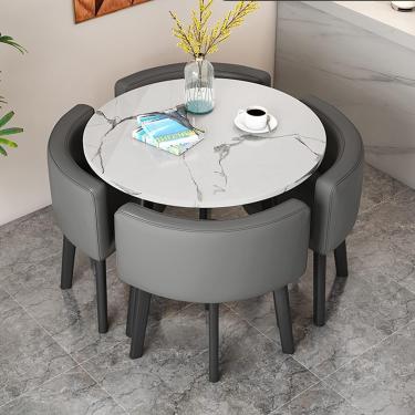 Imagem de Mesa de cozinha e cadeiras para conjunto de mesa de sala de jantar compacto de 4, 5 peças, DI 31/35,4INCH topo com padrão de mármore falso e 4 assentos estofados em couro PU, conjuntos moder