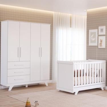 Imagem de Quarto de Bebê Completo Retro com Guarda Roupa 4 Portas 3 Gavetas e Berço Mini Cama Móveis Peroba Branco Brilho