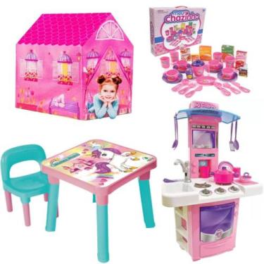 Imagem de Mesa Unicórnio Educativa Infantil + Barraca e Chá e Cozinha - Monte Lí