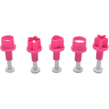 Imagem de 5 peças de botão de molde de fondant de plástico rosa mini de plástico redondo de flor de ameixa cortadores de biscoito cortador de bolo, êmbolo, moldes de carimbo para assar ferramentas e acessórios